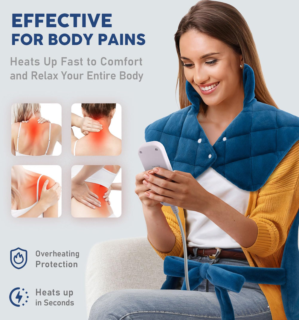 Fanatato heating pad shows six heat settings for customizable warmth.