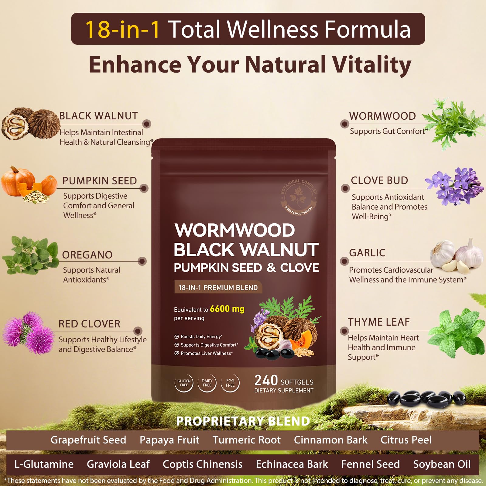 FANSHI 18-in-1 herbal blend ingredients illustrate gut balance potential.