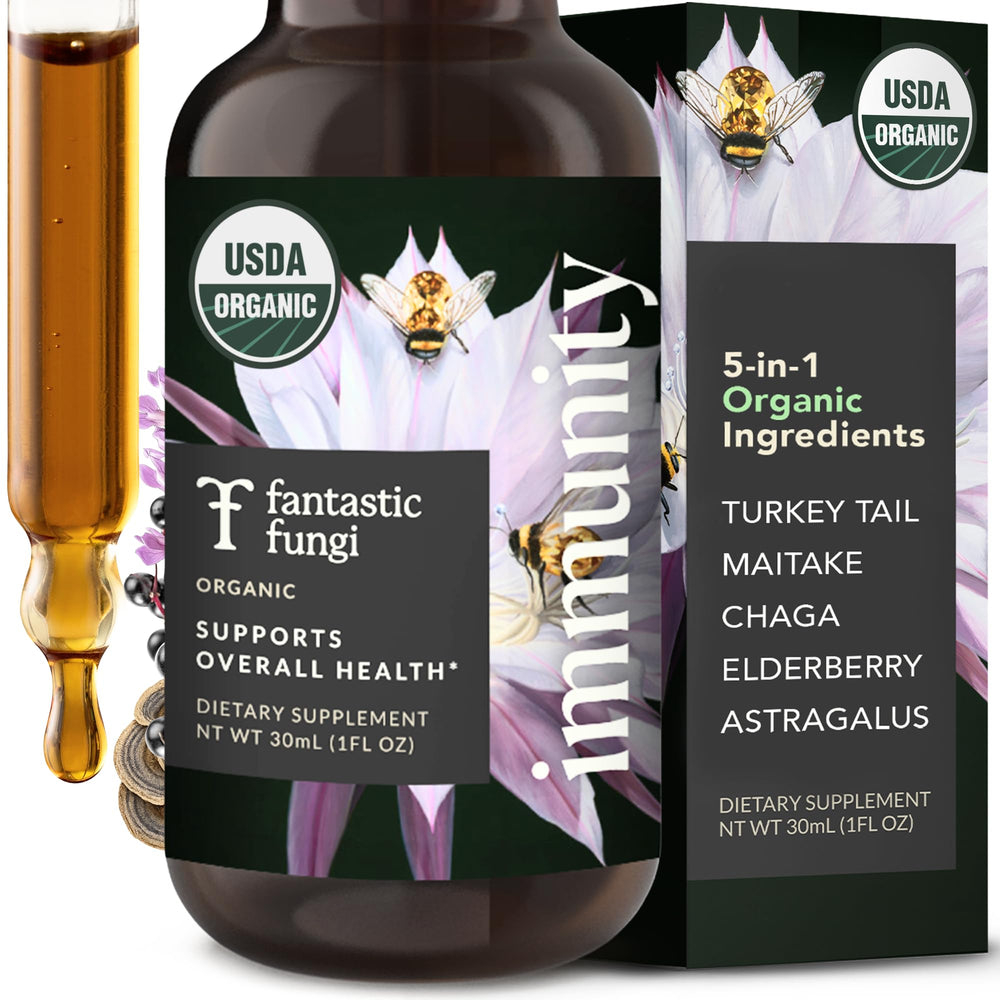 Fantastic Fungi Immunity Elixir bottle and dropper for easy daily dosing.