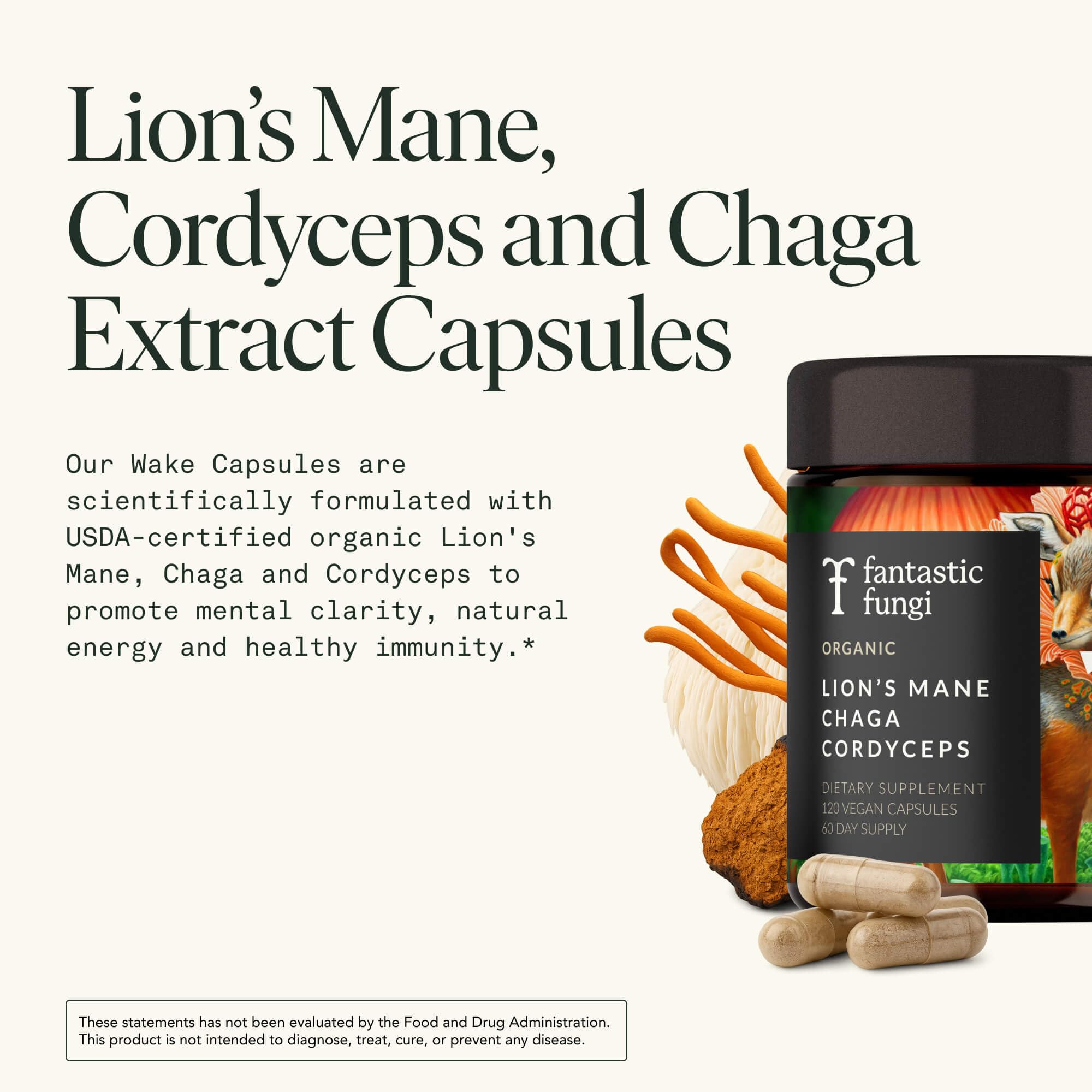 Fantastic Fungi label highlights USDA Organic certification for quality.