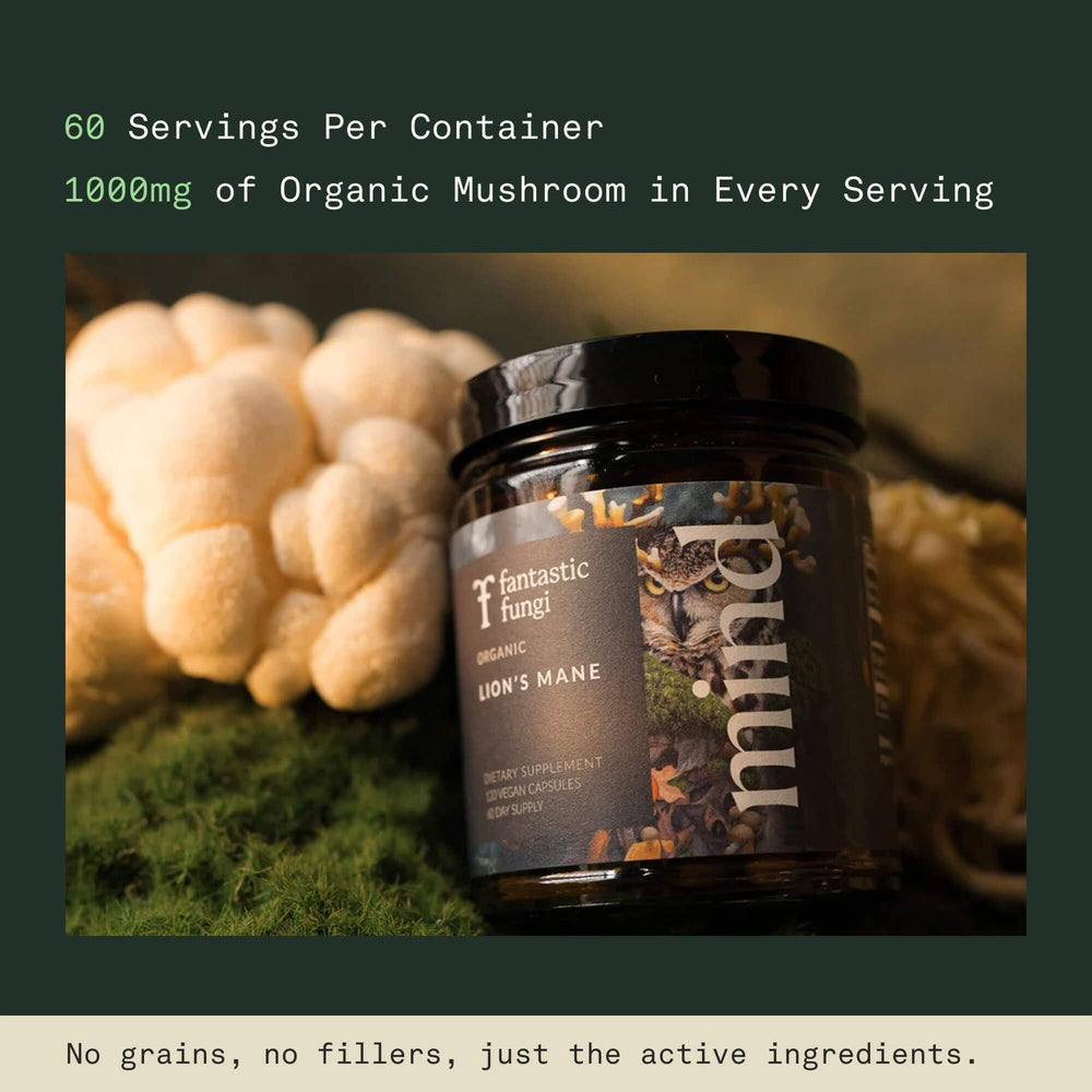 Fantastic Fungi Lions Mane bottle with detailed label signaling purity