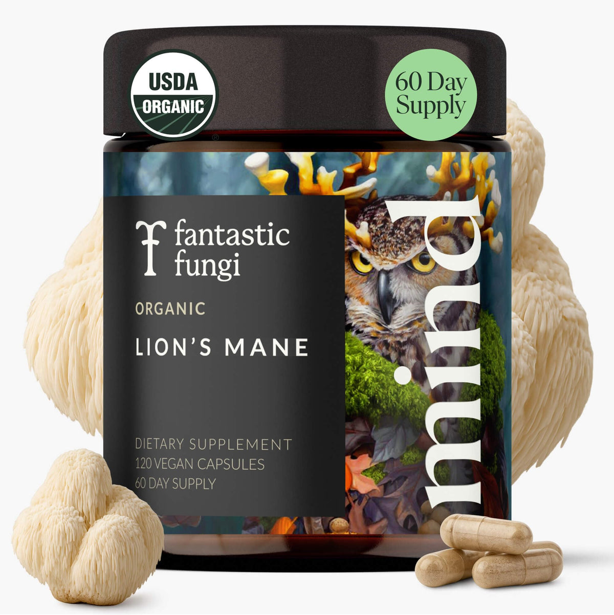 Fantastic Fungi Lions Mane capsules bottle highlighting focus support