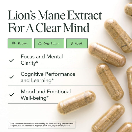 Fantastic Fungi Lions Mane capsules closeup showing pure organic formula for mental clarity