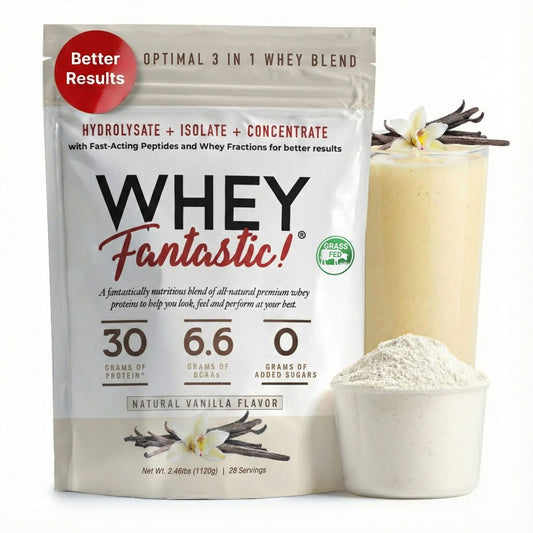 Fantastic Nutrition 3-in-1 vanilla whey bottle pour for post-workout recovery.