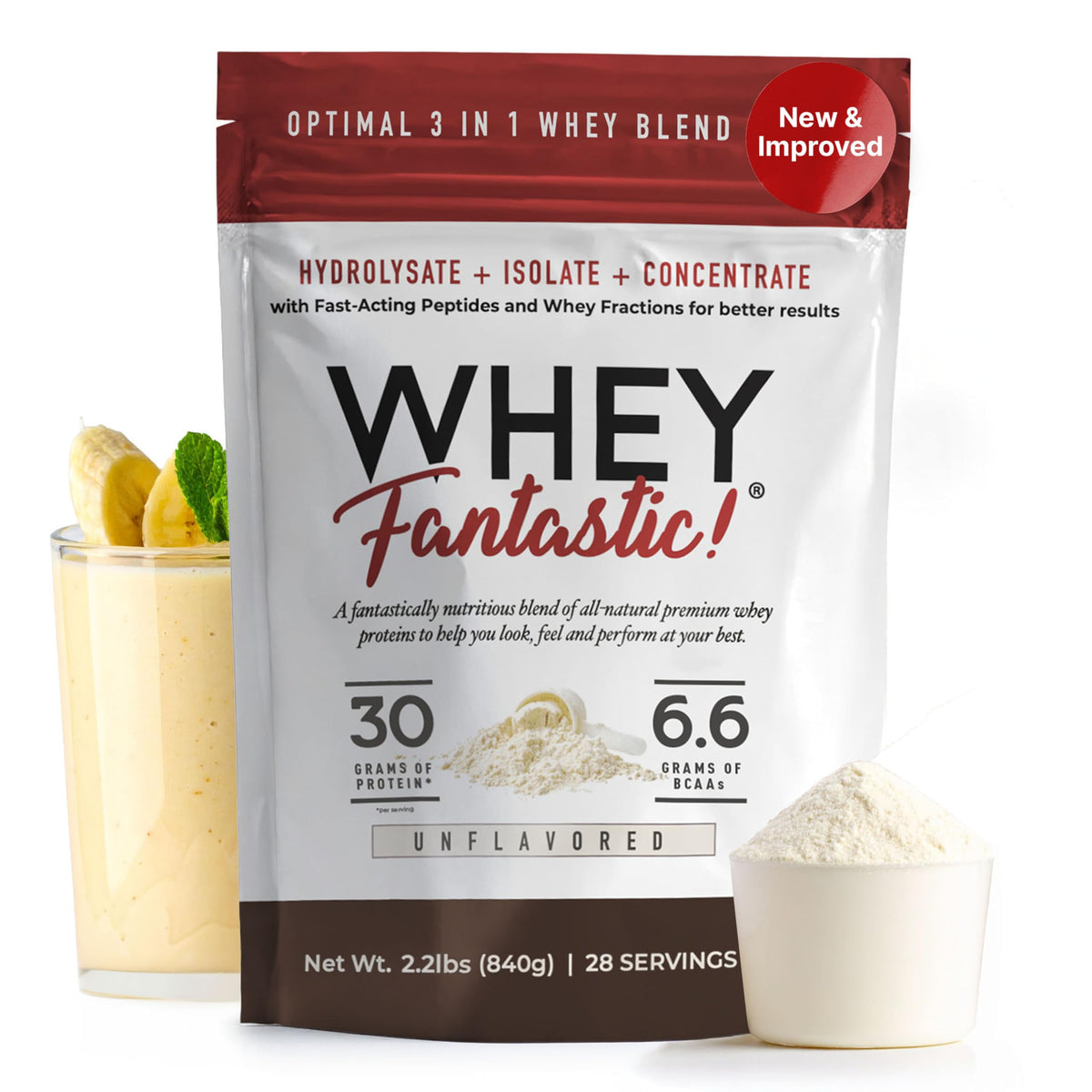 Fantastic Nutrition 3-in-1 Whey Unflavored powder bottle shows grass-fed protein for versatile shakes