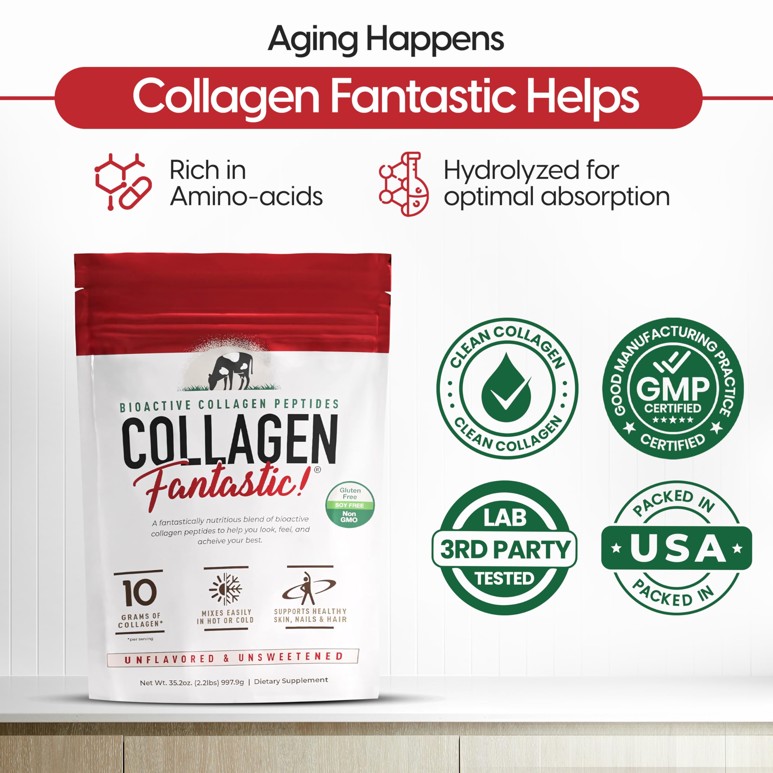 Pouring Fantastic Nutrition collagen peptides into water highlights a 2.2lb size and grass-fed origin.
