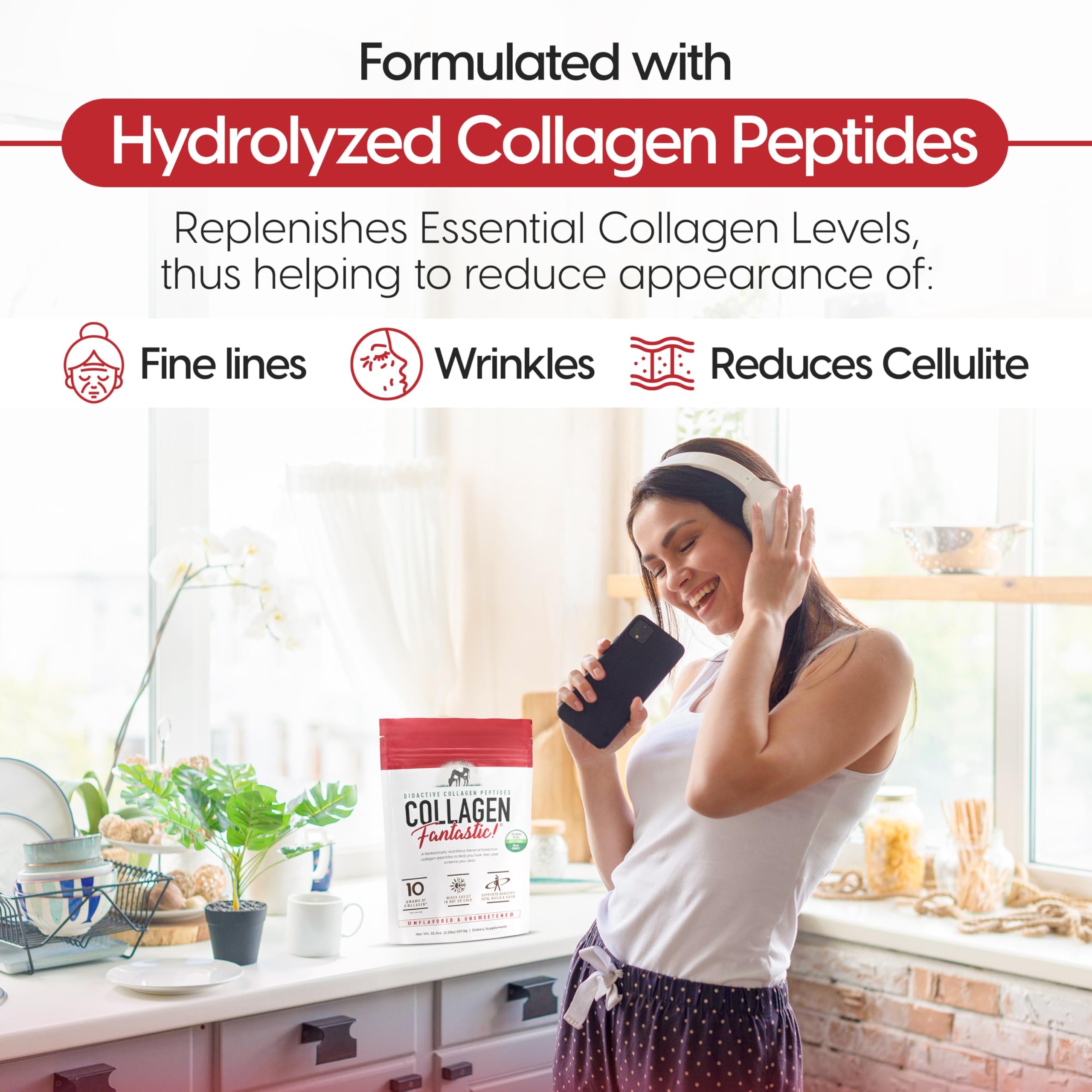 Fantastic Nutrition collagen peptides powder with scoop shows easy measurement for consistent daily protein intake.