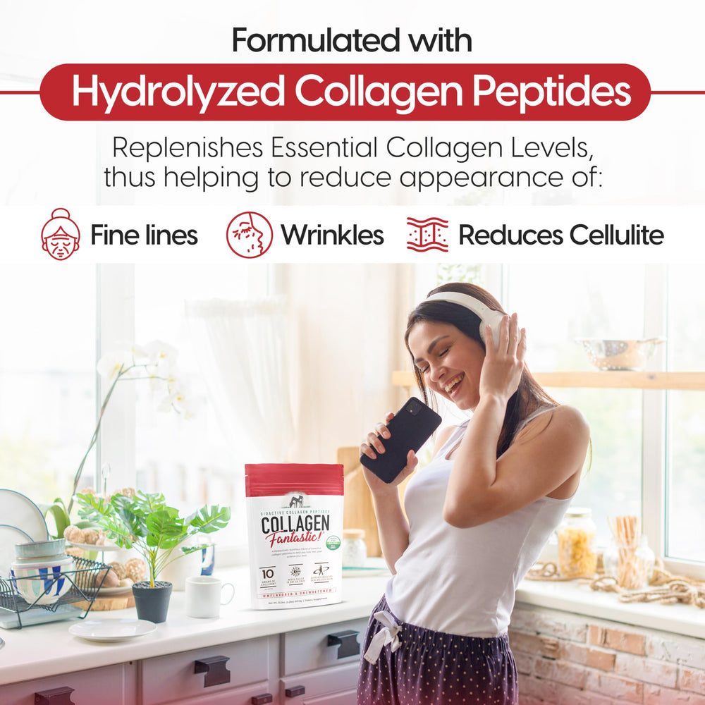 Fantastic Nutrition collagen peptides powder with scoop shows easy measurement for consistent daily protein intake.