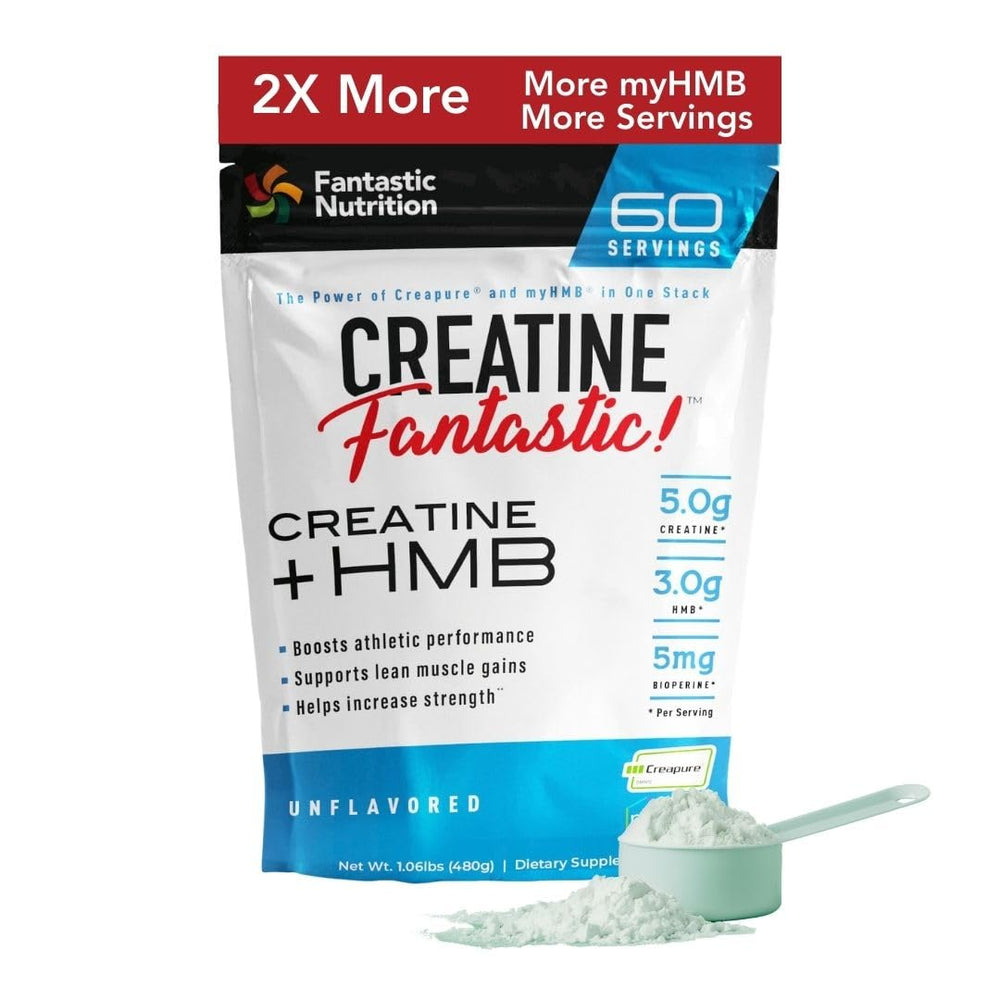 Fantastic Nutrition Creatine + HMB unflavored powder scoop for easy daily dosing.