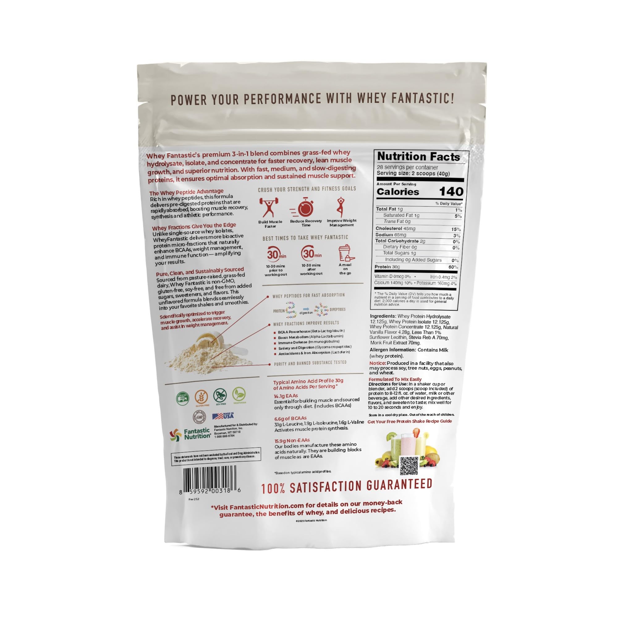 Fantastic Nutrition vanilla whey powder jar label shows clean ingredients for daily use.