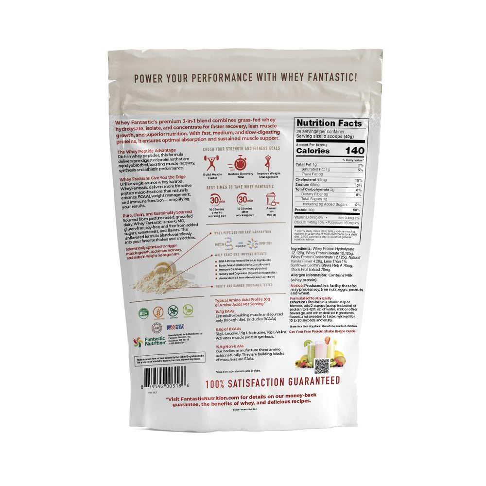 Fantastic Nutrition vanilla whey powder jar label shows clean ingredients for daily use.