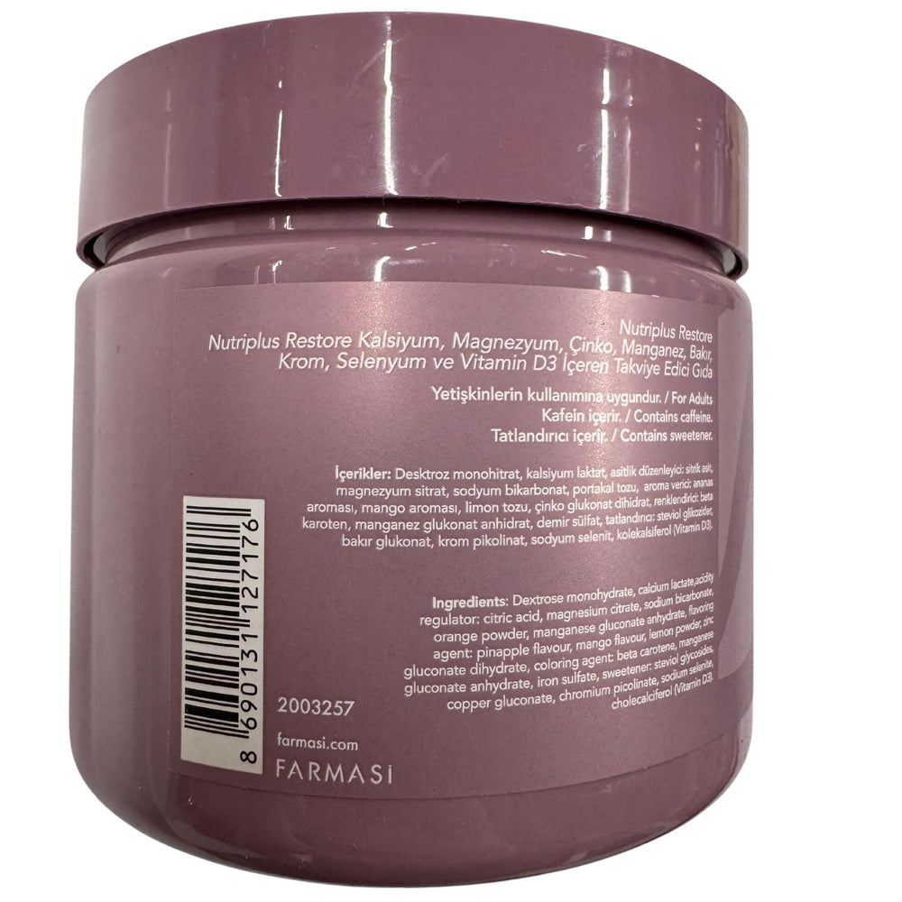 Farmasi Nutriplus Restore packaging design showcases modern, user-friendly daily supplements.