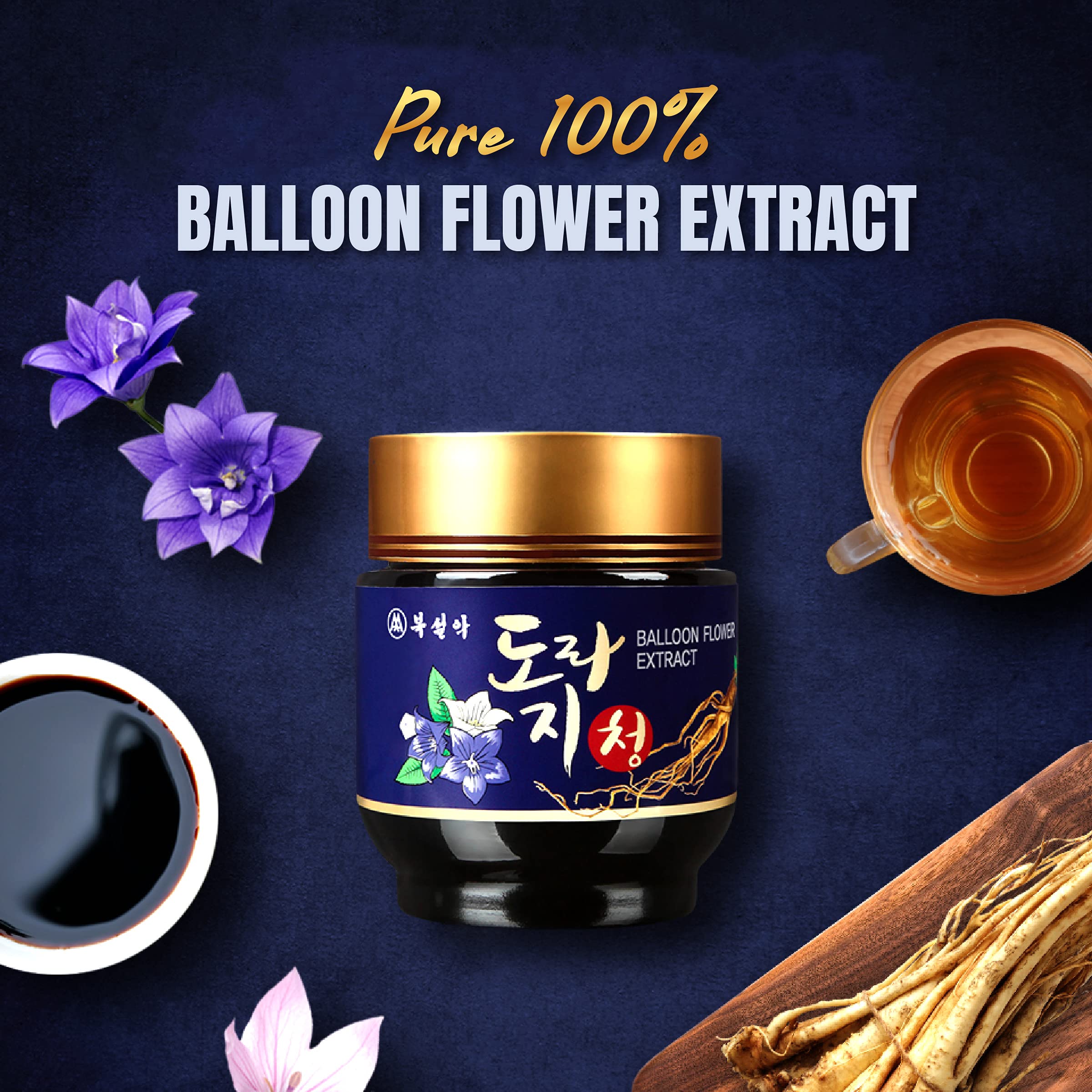 FARMER QUEEN Doraji tea infusion setup, natural bellflower roots in a warm cup.