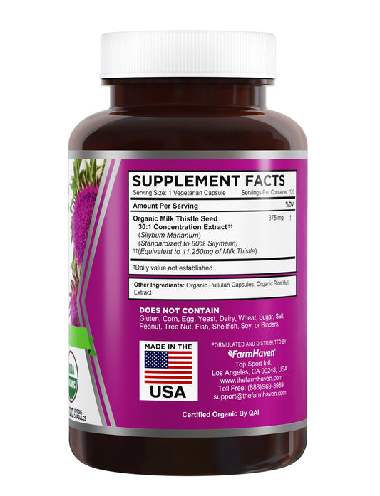 FarmHaven organic label and 80% silymarin highlight potent flavonoids.