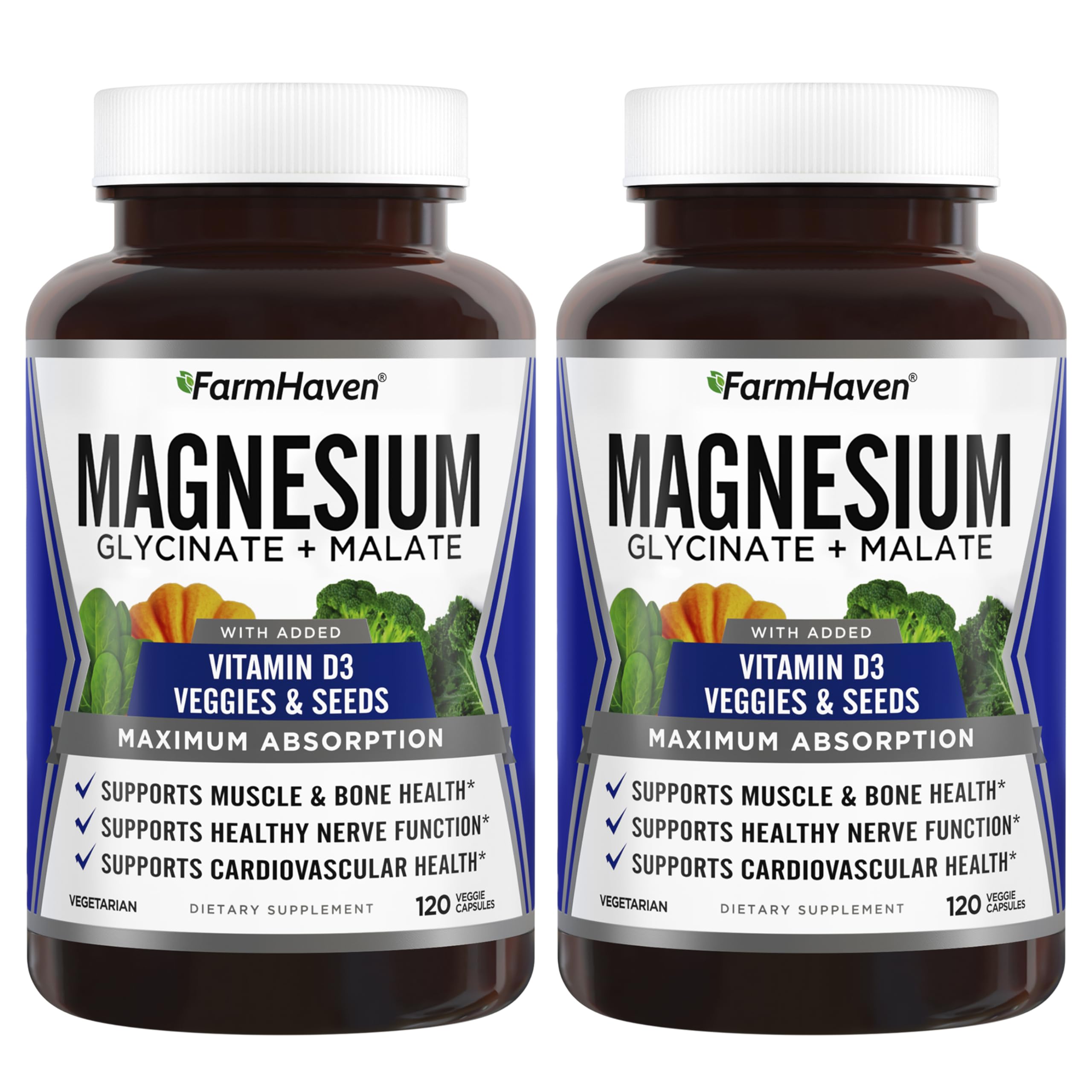 FarmHaven magnesium glycinate-malate bottle highlights max absorption for muscles and bones.