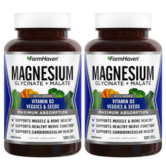 FarmHaven magnesium glycinate-malate bottle highlights max absorption for muscles and bones.