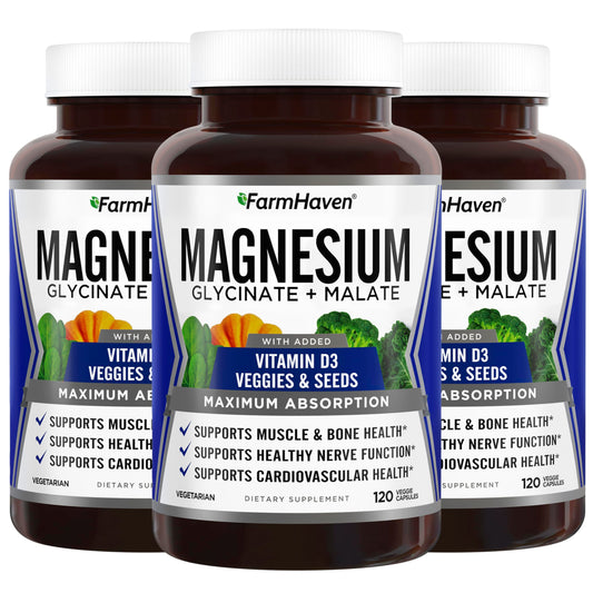 FarmHaven magnesium glycinate malate bottle showing capsules for max absorption.