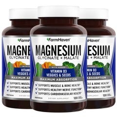 FarmHaven magnesium glycinate malate bottle showing capsules for max absorption.