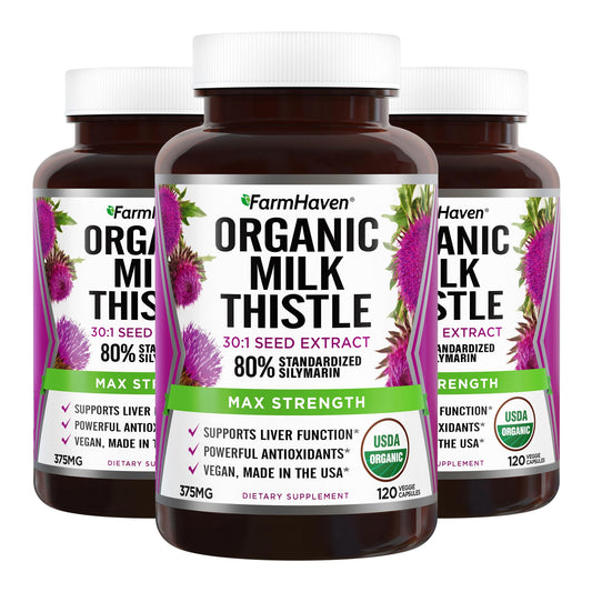 FarmHaven Milk Thistle bottle front shows organic vegan supplement for daily liver support