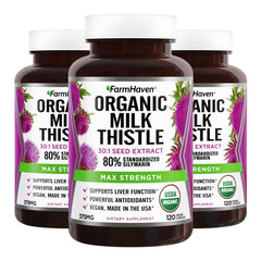 FarmHaven Milk Thistle bottle front shows organic vegan supplement for daily liver support