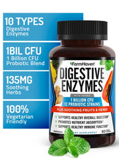 FarmHaven probiotic strains label illustrates gut-friendly bacteria for GI balance.