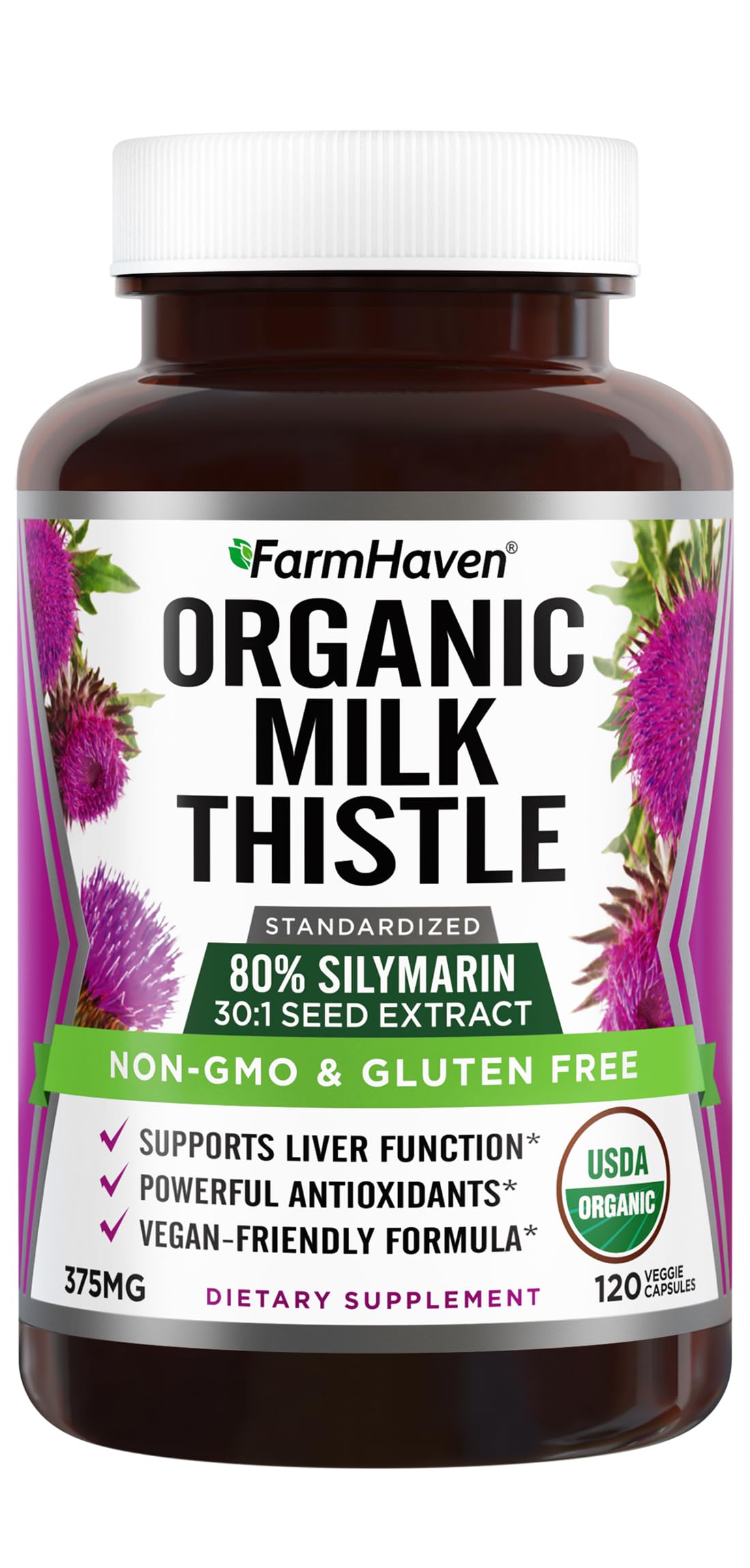 FarmHaven USDA Organic Milk Thistle Capsules bottle with 30x concentrate for enhanced absorption.