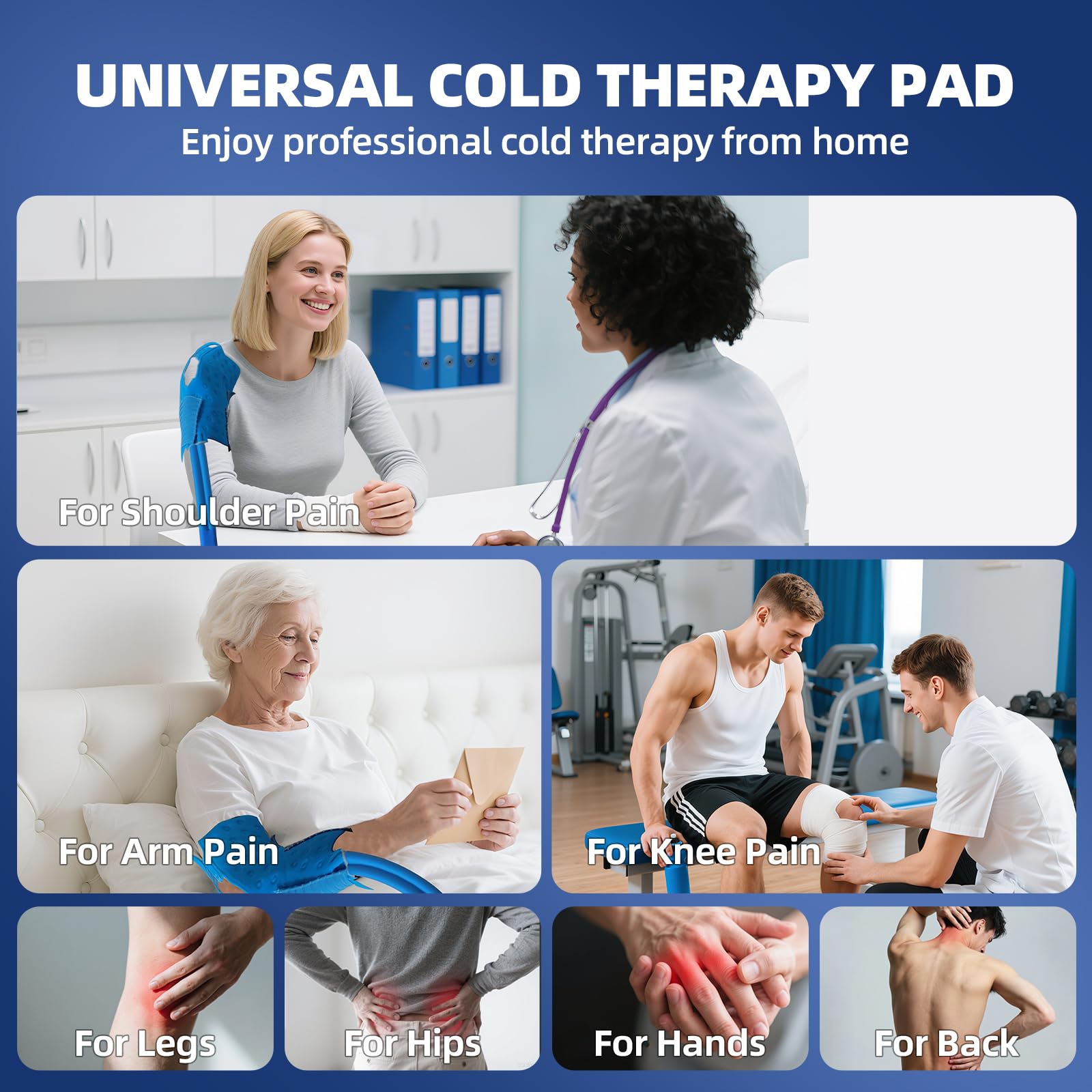 Farnuvo blue gel pads provide versatile fit for knee, shoulder, hip, and ankle use.