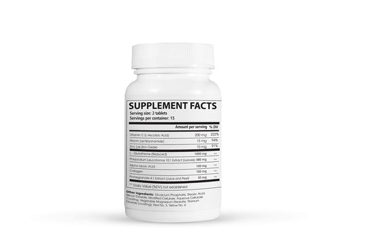 Faroson Glutamax capsules close-up emphasizing smooth white capsules for antioxidant-friendly skincare