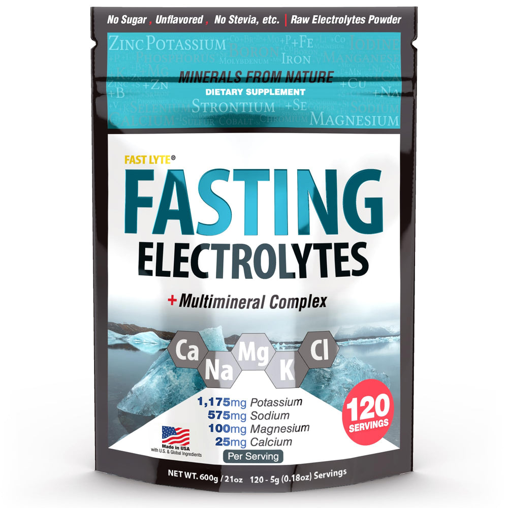 FAST LYTE electrolytes powder jar shows raw minerals for clean hydration during fasting