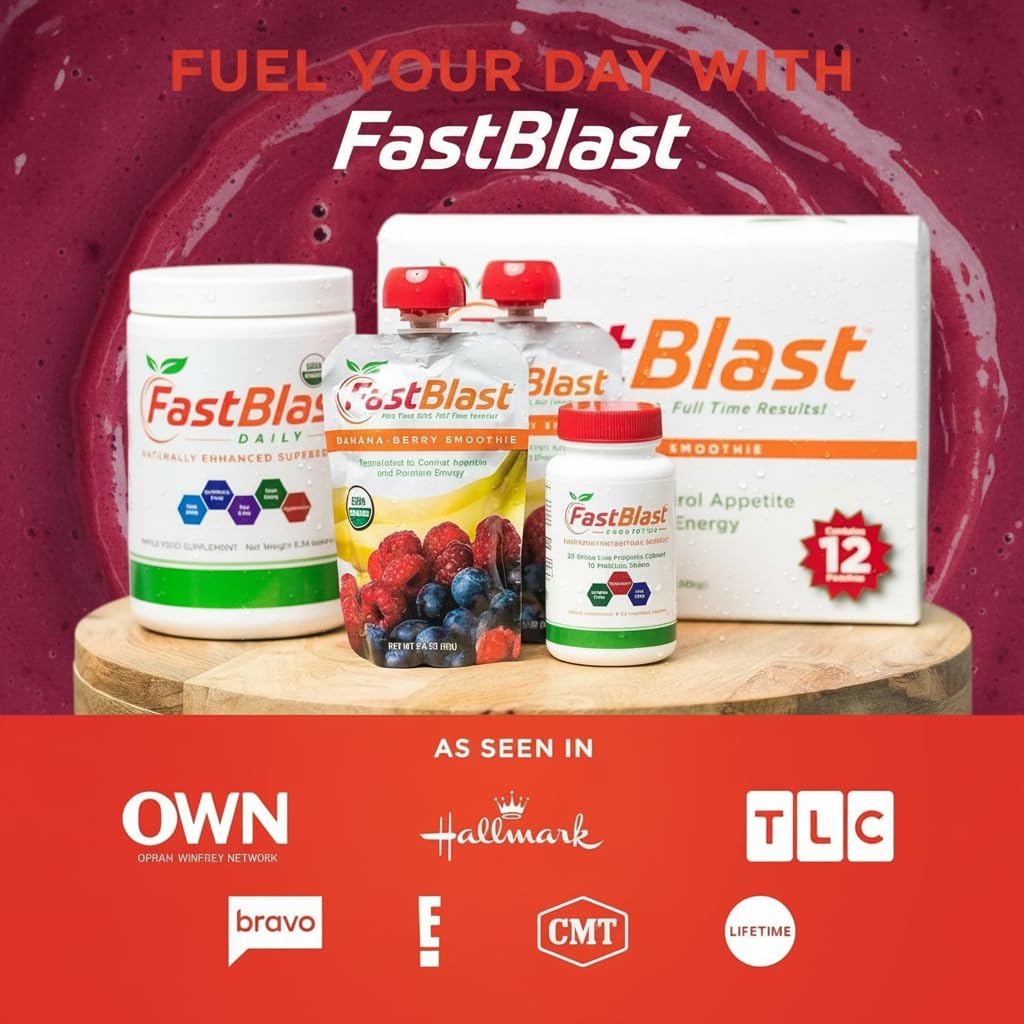 FastBlast balanced nutrition pouch highlighting fiber and vitamins for everyday meals.