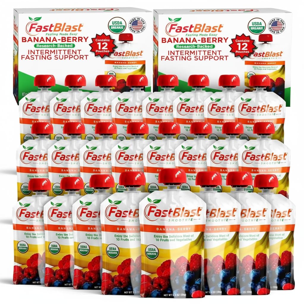 FastBlast Banana Berry smoothie pouch in a two-pack, perfect for on-the-go breakfasts.