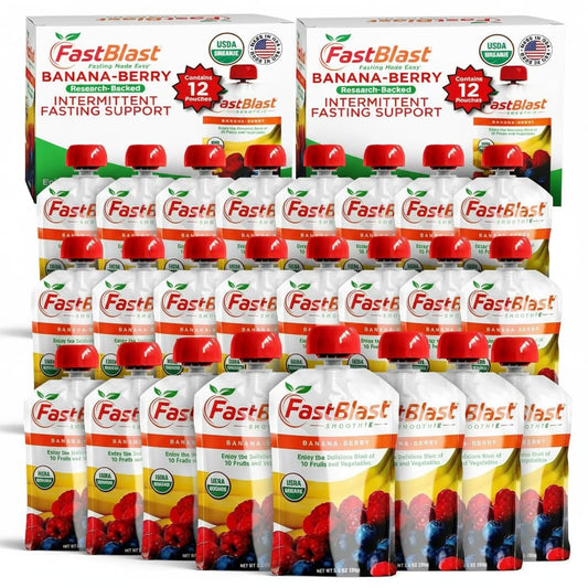 FastBlast Banana Berry smoothie pouch in a two-pack, perfect for on-the-go breakfasts.