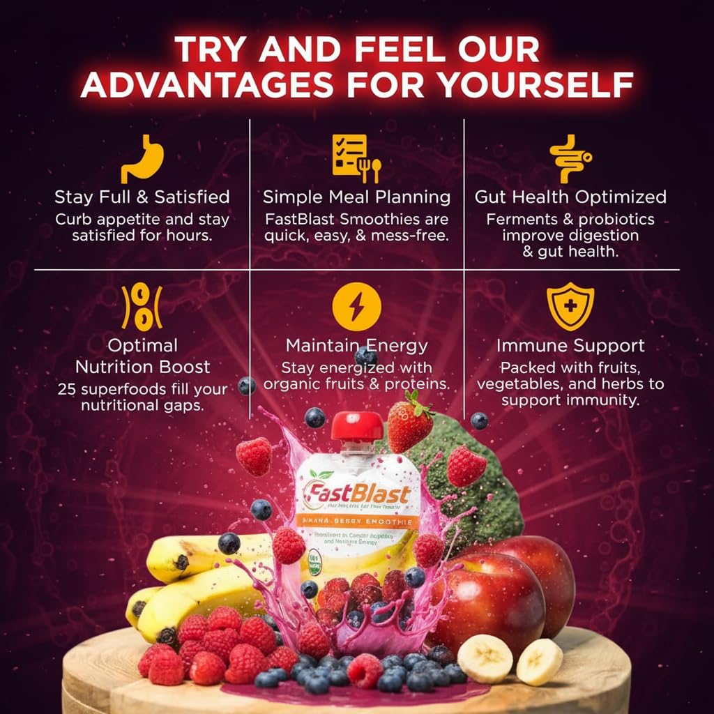 FastBlast plant-based protein pouch, a portable meal replacement for busy days.
