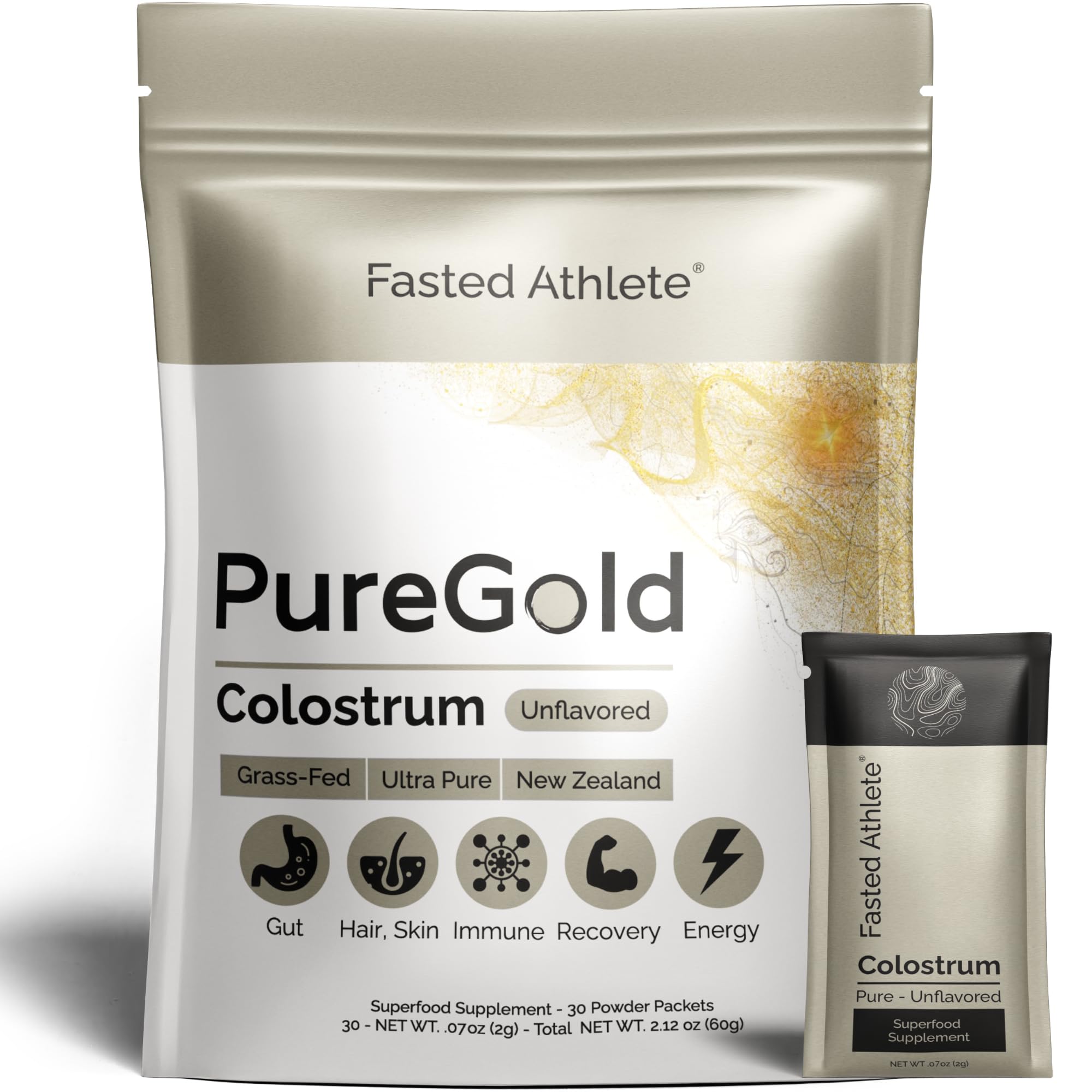 Fasted Athlete PureGold bottle with bovine colostrum powder for gut health.