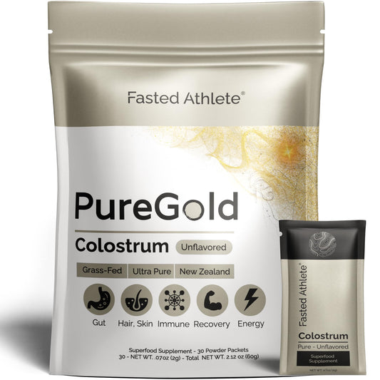 Fasted Athlete PureGold bottle with bovine colostrum powder for gut health.
