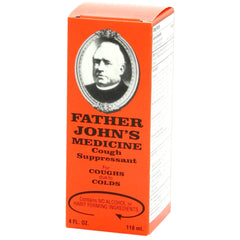 Father John's cough suppressant bottle with easy-to-dose syrup for throat relief