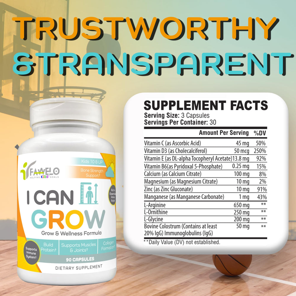 Fawelo I Can Grow capsules closeup highlights easy-to-swallow capsules for teens.