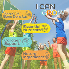 Fawelo I Can Grow Day-Time ingredients panel highlights calcium, magnesium, zinc for growth support.