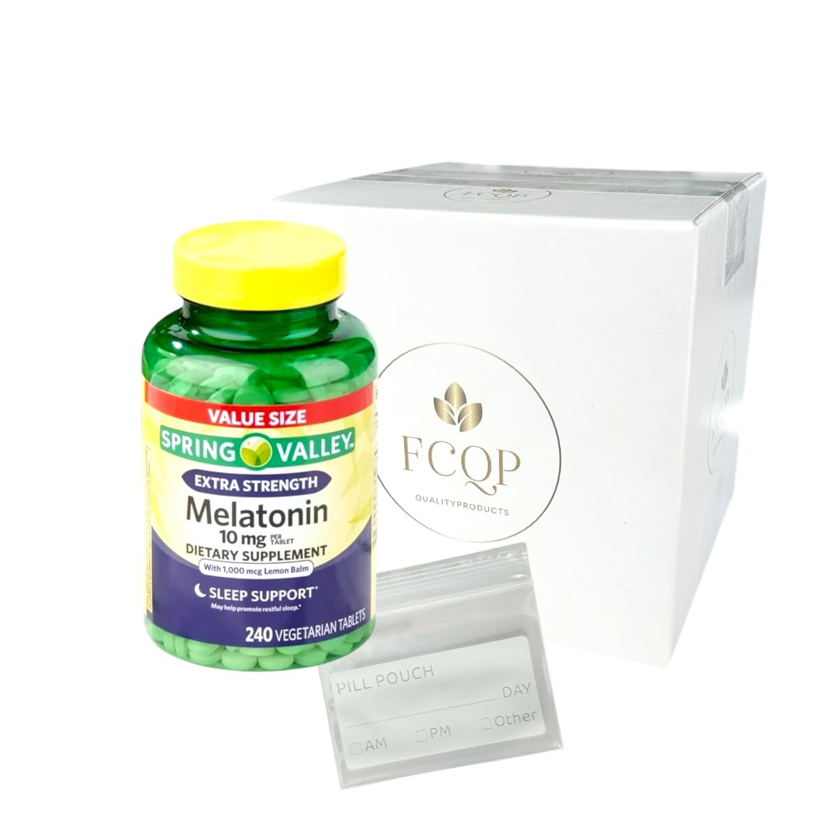 FCQP Spring Valley melatonin bottle with 240 vegetarian tablets for nightly rest.