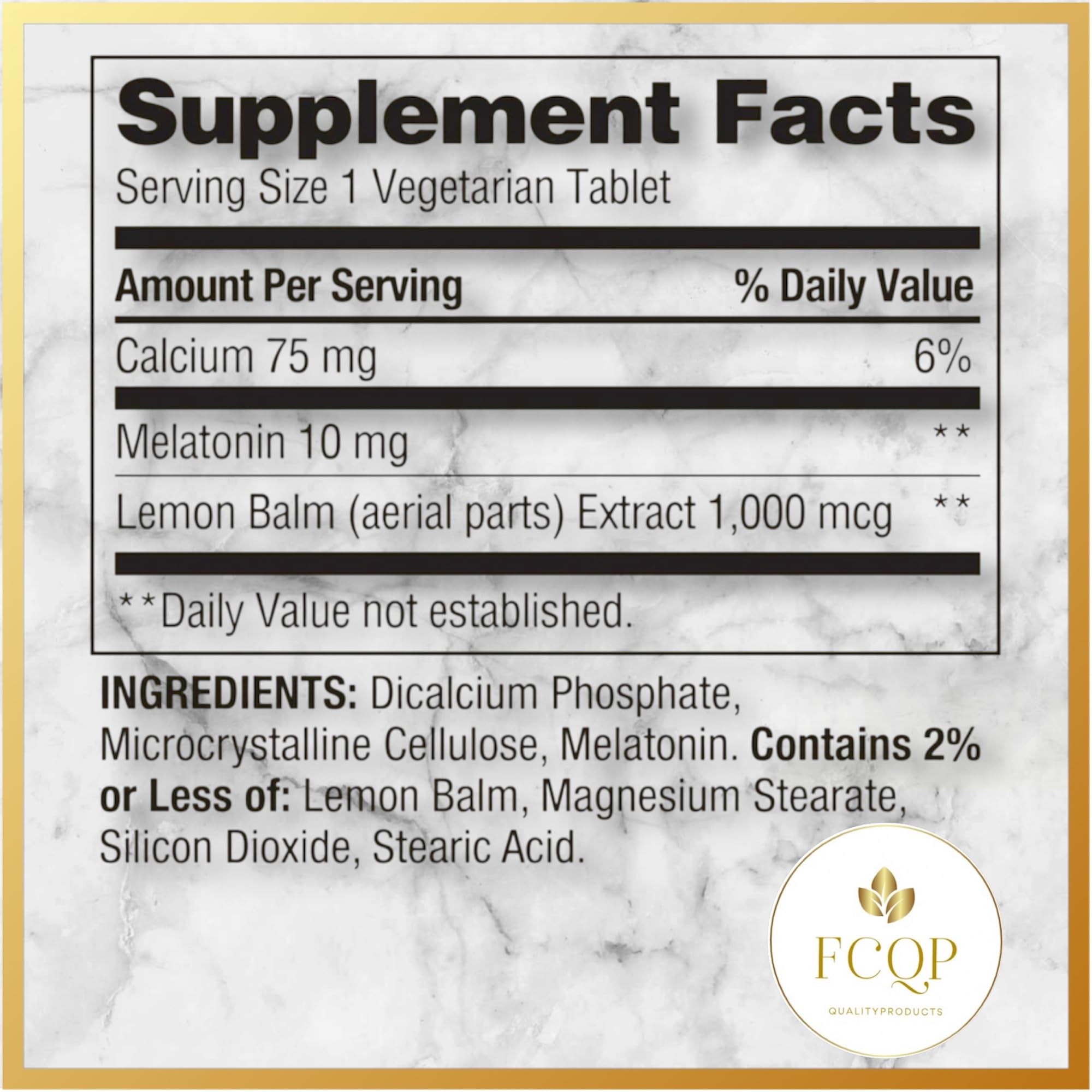 FCQP Spring Valley melatonin label highlighting key ingredients and benefits.