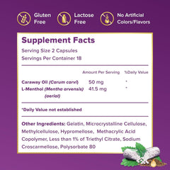FDgard bottle label highlighting caraway oil and menthol for digestion.