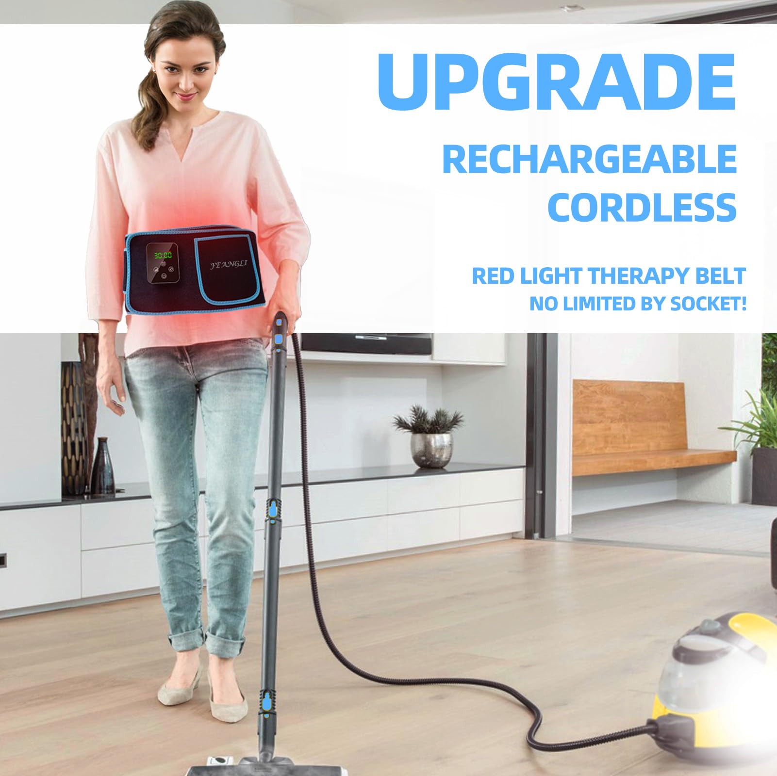 Feangli red light therapy belt side view with adjustable strap for comfort