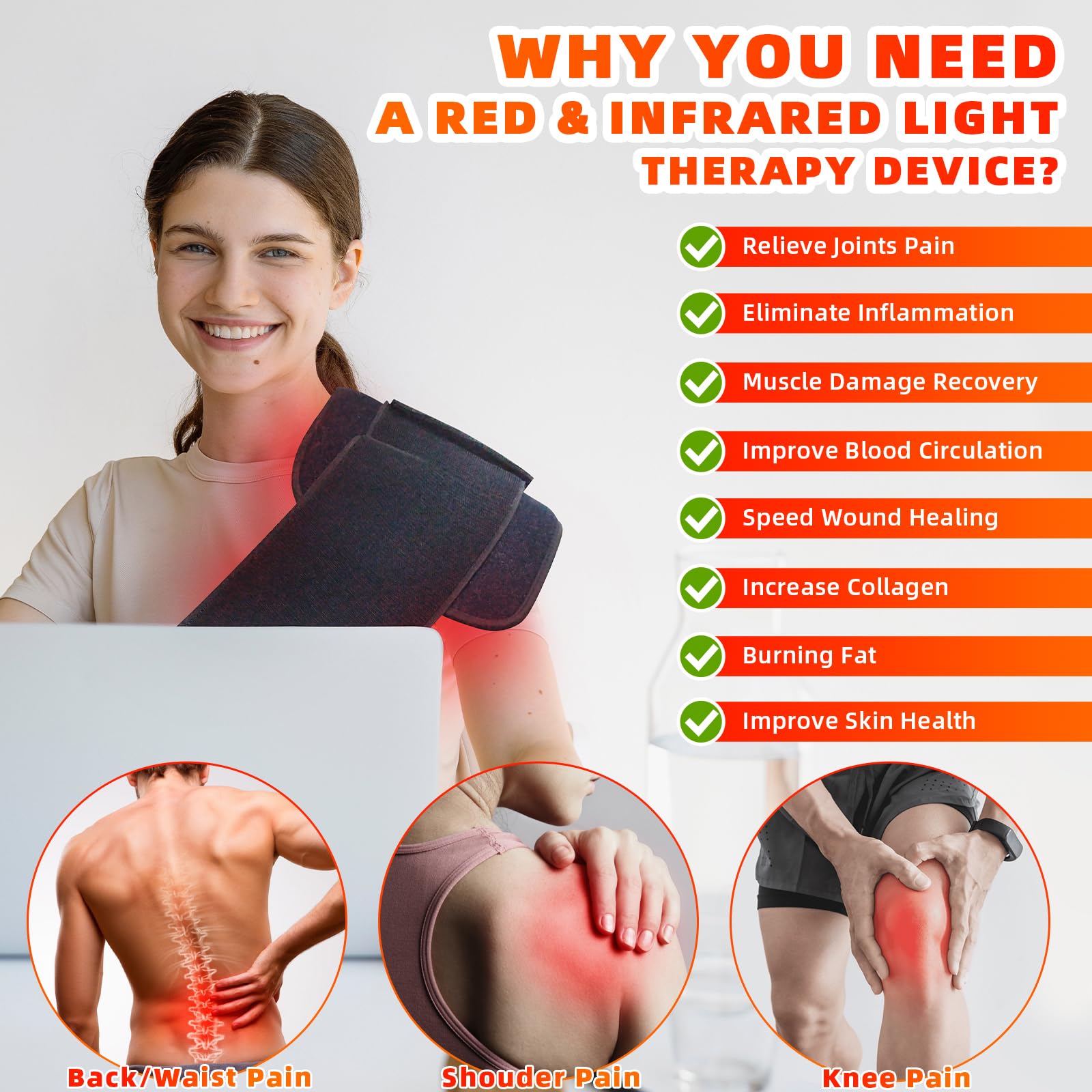 Feangli wearable red light pad positioned on shoulder