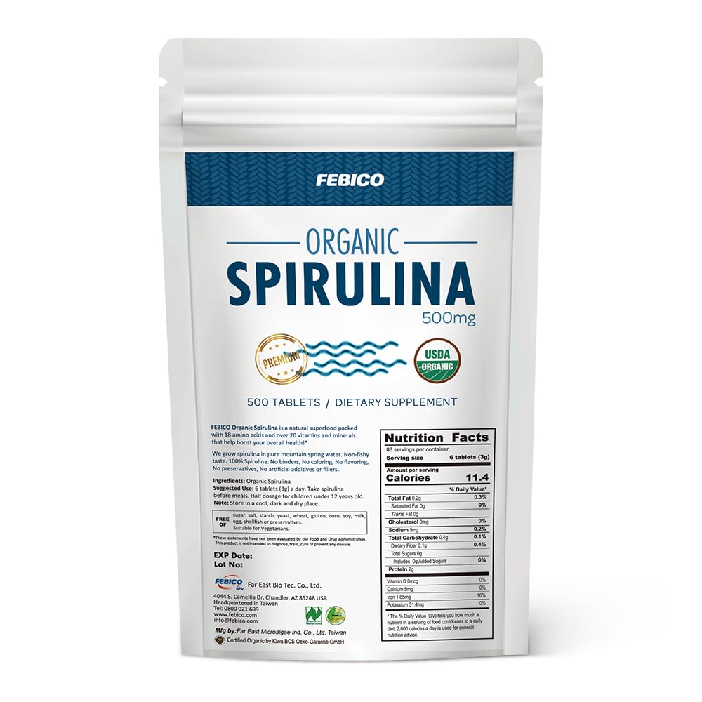 FEBICO spirulina tablets packaging with safety seals for trusted quality