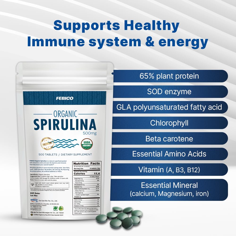 FEBICO spirulina tablets poured into hand for convenient daily supplementation