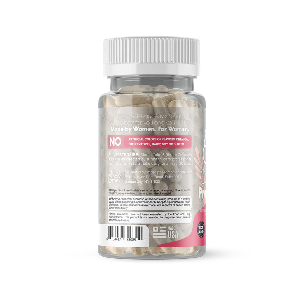 Feed Mom & Me Prenatal DHA bottle open, pills ready for daily nutrient support.