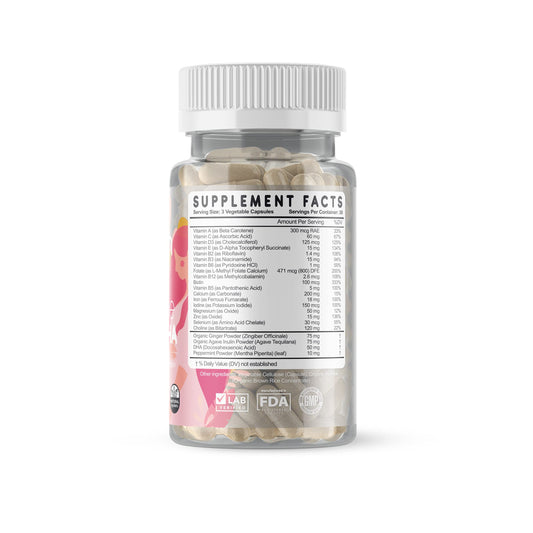 Feed Mom & Me Prenatal DHA bottle side, gluten-free and non-GMO promise.