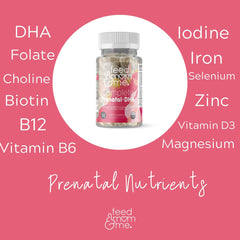 Feed Mom & Me Prenatal DHA gluten-free symbol on packaging.