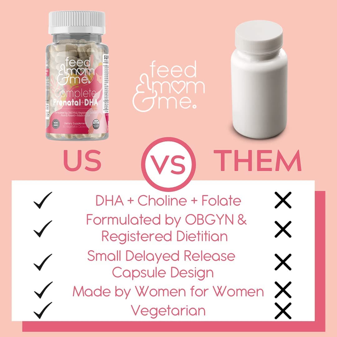 Feed Mom & Me Prenatal DHA non-GMO sticker on bottle.