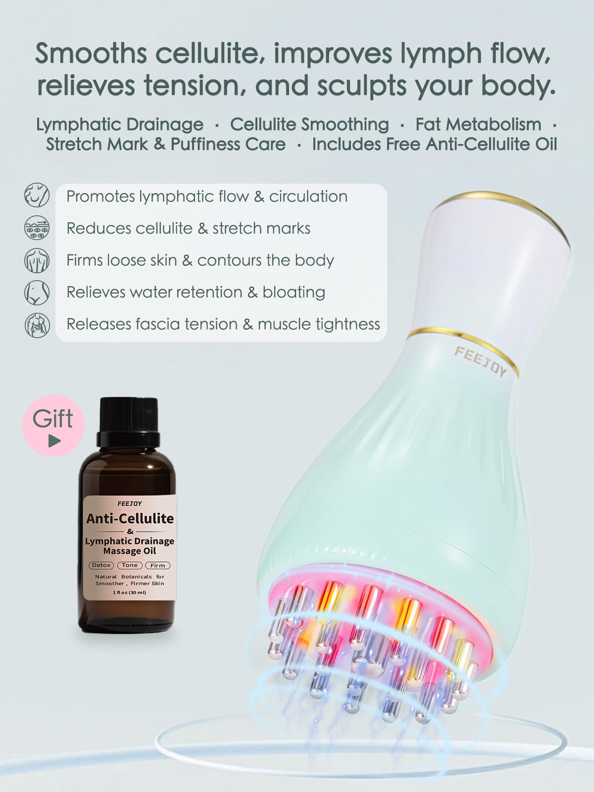 FEEJOY cellulite oil bottle paired for smoother skin and absorption